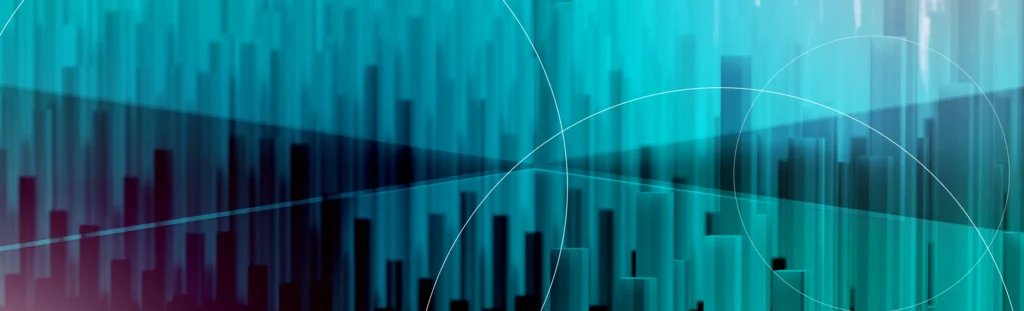 Abstract digital graphic with vertical bars and curved lines in teal and blue tones, suggesting growth, technology, and rapid scaling.