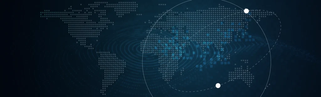 Digital world map made of pixelated squares with connecting arcs and circular nodes, symbolizing global connectivity and scaling multilingual QA across regions while maintaining consistent quality.